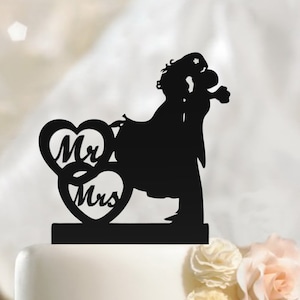 Bride and Groom Silhouette Wedding Cake Topper: Acrylic Heart Design