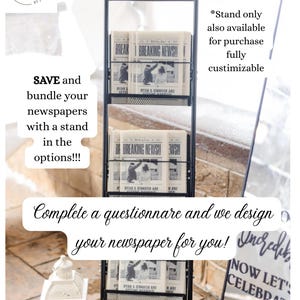 May include: A tall black metal display stand with three wire mesh shelves holding stacks of newspapers. The top sign reads The Newlywed Times and PLEASE TAKE ONE. Each newspaper features the text BREAKING NEWS and RYAN & JENNIFER ARE GETTING MARRIED.