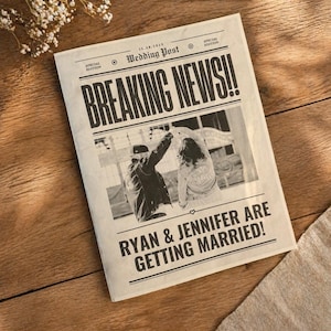 May include: A newspaper-style wedding announcement with the headline "BREAKING NEWS!!" and the text "RYAN & JENNIFER ARE GETTING MARRIED!" The announcement includes a black and white photo of a couple and the date 12.28.2025.