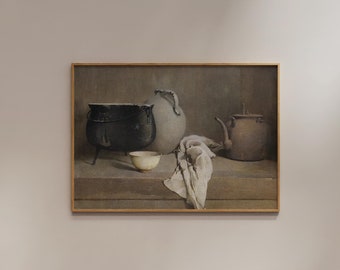 Vintage Still Life Print | FRAME option | Antique Pottery Painting Poster, Kitchen Decor, Rustic Farmhouse Wall art, Country Style Artwork