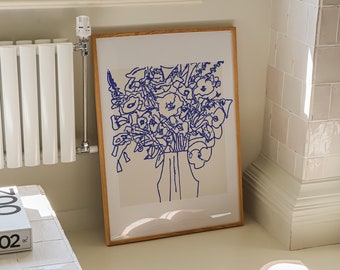 Flower Vase Poster Abstract Floral Line Drawing Print Modern Blue Wall art Aesthetic Botanical Sketch Room Decor Boho Flower Jar Gallery