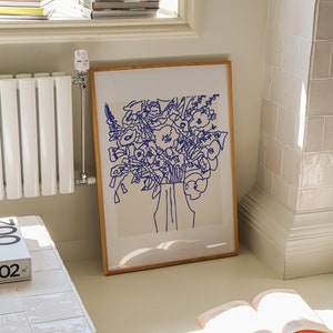 Flower Vase Poster Abstract Floral Line Drawing Print Modern Blue Wall art Aesthetic Botanical Sketch Room Decor Boho Flower Jar Gallery