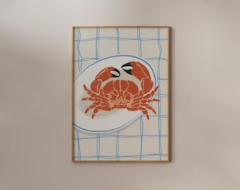 Crab Print | Frame option | Seafood Poster Vintage Retro Food Wall art Kawaii Foodies Kitchen Dining Coastal Beach House Seaside Restaurant