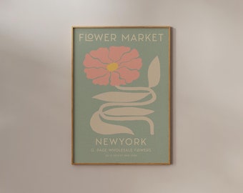 Flower Market New york Print | FRAME option | Aesthetic Floral Poster Danish Pastel Wall art Sage Green Room Decor Vintage Retro Abstract