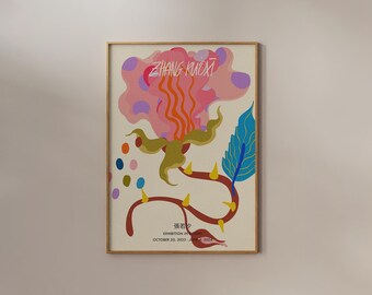 Weird Pink Flower Print Retro Funky Home Decor Kawaii Maximalist Wall art Trendy Abstract Floral Poster Colorful Y2k Vintage Indie Room