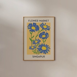 Mercado de flores de Cingapura Impressão digital Download Amarelo Azul Botânico Arte de parede para impressão Cartaz de flores silvestres da moda Exposição abstrata Outono