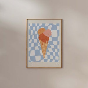 Ice cream cone Print Foodie Poster Food Dessert illustration Pastel Blue Checkered Wall art Kawaii Colorful Kids Room Decor Summer Nursery