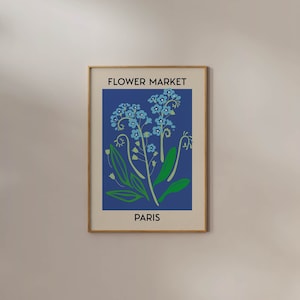 Blumenmarkt Paris Print digitaler Download Marine blau botanisches Poster Vintage Wildblumen Trendy druckbare Wand Kunst ästhetische Raum Dekor Zeichen