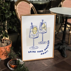 Bar cart print Cocktail Poster Drink Wall art Sketch illustration Blue Alcohol Line Drawing Foodie Modern Kitchen Dining Dorm Room Decor