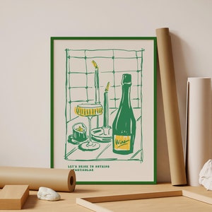 Wine Poster | Frame option | Bar Cart Decor Let's Drink Print Alcohol illustration Sketch Line Drawing Kitchen Dorm Room Green Beige Foodie