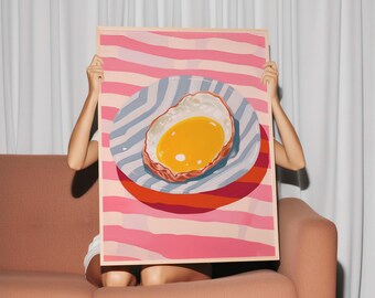 Fried Egg Painting | Frame option | Sunny Side Up Egg Print, Kawaii Foodie Poster, Aesthetic Kitchen Decor, Stripe Pink, Vintage Retro Food,