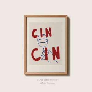 Cin Cin Print Digital Download Printable Cheers Poster Bar Cart Decor Wine Lover Gift Trendy Kitchen Wall Art Hand Drawn Line Drawing Dorm