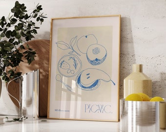 Vintage Food Print Fruit Retro Poster Trendy Wall art Vegetable Kitchen Beige Neutral Decor Line Drawing Still life Aesthetic Groovy Room