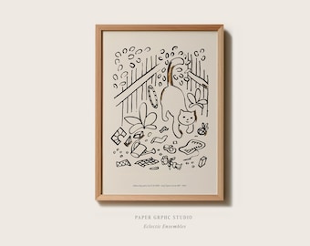 Vintage Cat Print Kawaii Poster Sketch illustration Line Drawing Beige and Black Wall art Simple Minimal Animal Kitten Print Kids Room Decor