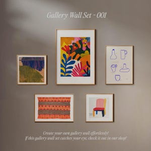 May include: A gallery wall set with five framed prints. The prints feature abstract art, a colorful floral design, a pattern of crosses, a chair, and a line drawing of various cups and vases.