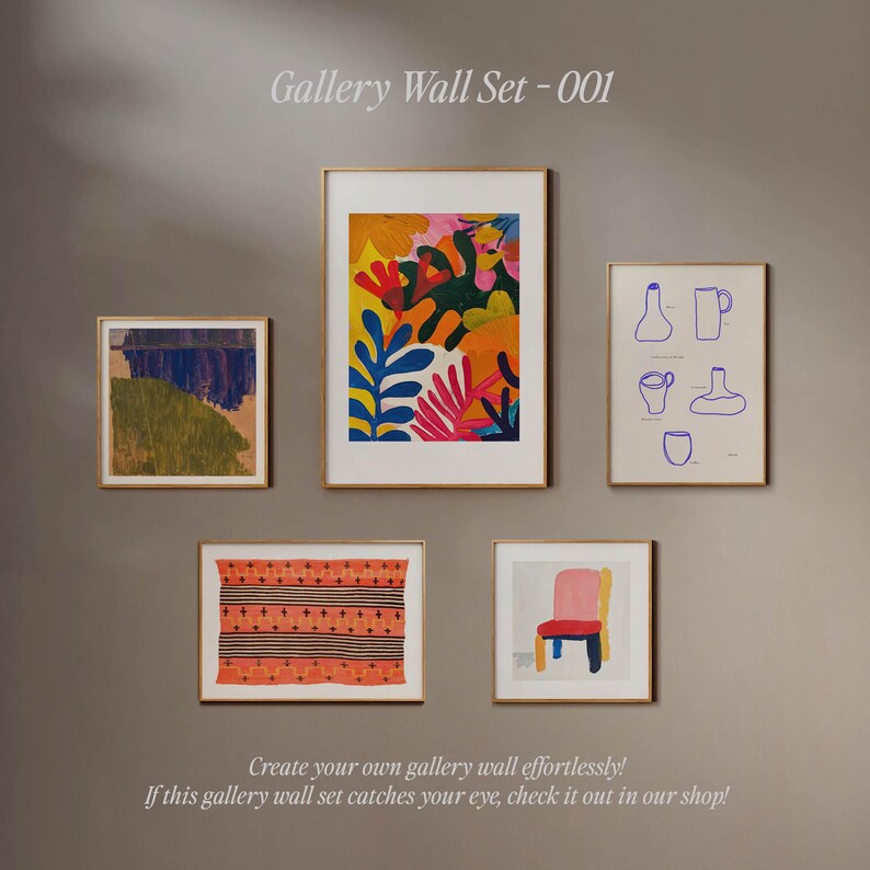 May include: A gallery wall set with five framed prints. The prints feature abstract art, a colorful floral design, a pattern of crosses, a chair, and a line drawing of various cups and vases.