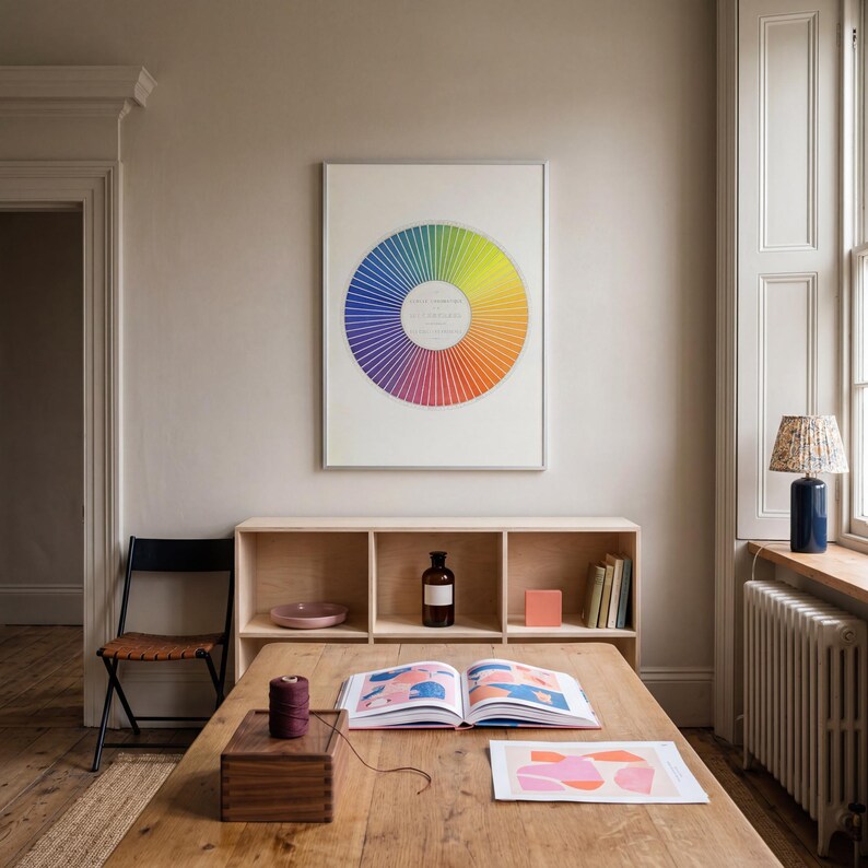 Framed color theory wall art displayed above a wooden desk in a warm creative workspace, featuring a vintage chromatic wheel with rainbow hues on an ivory ground. Colorful office wall decor for an artist studio, designer workspace, craft room, home office or creative interior with vintage scientific poster character.