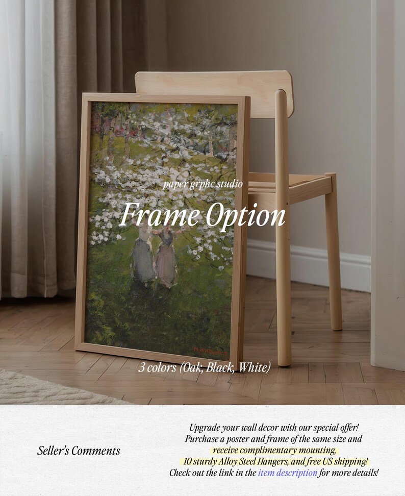 Op de afbeelding: Een ingelijste print van een schilderij dat twee mensen laat zien die door een veld met witte bloemen lopen. De lijst is verkrijgbaar in eikenhout, zwart of wit. De tekst "paper graphic studio" en "Frame Option" is zichtbaar op de print.