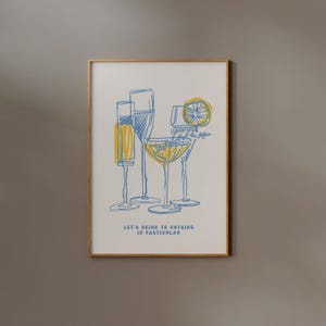 Cocktailprint, digitale download, decor barwagen, eenvoudige schets, alcoholposter, afdrukbare muurkunst, lijntekening drinken, lichtblauw, keuken