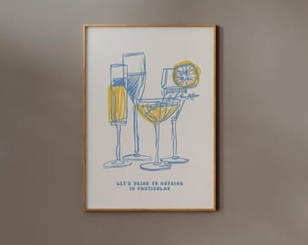 Cocktail Print, Digital Download, Bar Cart Decor, Simple Sketch, Alcohol Poster, Printable Wall art, Drink Line Drawing, Light Blue, Kitchen