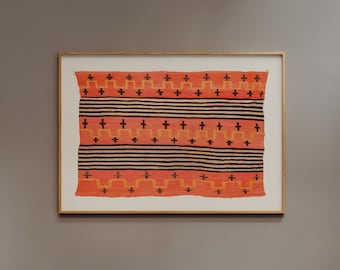 Vintage Textile Wall art, | FRAME option | Horizontal Print, Orange Color, Antique Tapestry Poster, Weaving Pattern, Boho & Rustic Decor