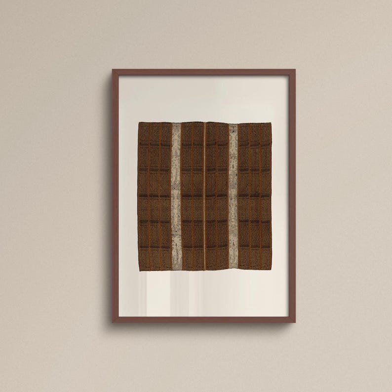Vintage woven textile art print featuring geometric handwoven motifs in rich brown tones. A neutral textile wall art piece suited for warm minimalist, wabi-sabi, rustic modern, and collected interiors.