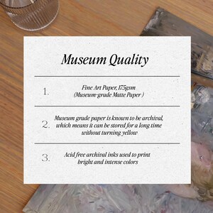 May include: Museum Quality Fine Art Paper, 175gsm (Museum-grade Matte Paper). Museum grade paper is known to be archival, which means it can be stored for a long time without turning yellow. Acid free archival inks used to print bright and intense colors.