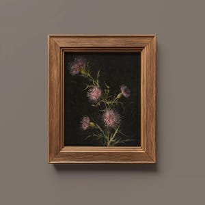 Moody Flower Print | FRAME option | Vintage Thistle Painting, Dark Floral Wall art, Black Background, Antique Botanical Poster, Gift for her