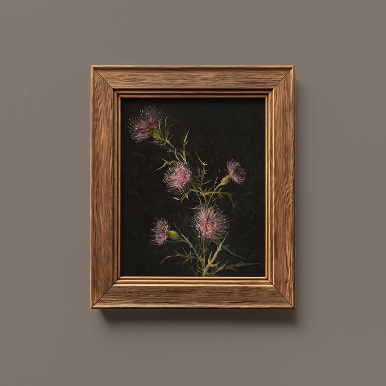 May include: A framed painting of a pink thistle flower with green leaves and stems on a black background.