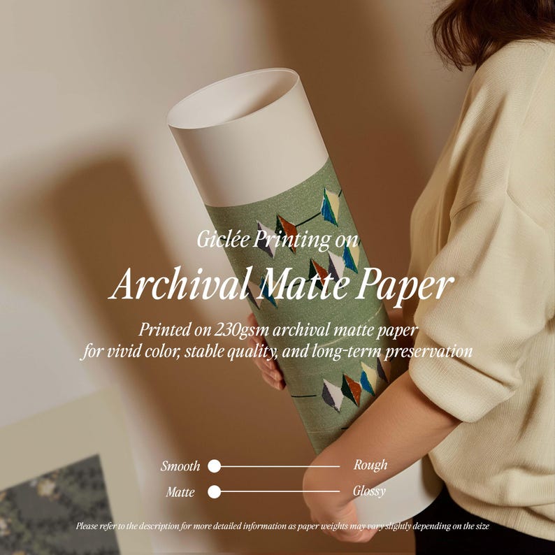 May include: A rolled-up print in a cylindrical tube. The tube is white at the top and green with a geometric pattern at the bottom. Text on the tube reads "Gicl&eacute;e Printing on Archival Matte Paper" and "Printed on 230gsm archival matte paper".