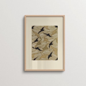 Vintage Japanese bird artwork with decorative crane pattern, framed nature inspired wall decor for organic modern homes. Earthy botanical wall art for organic modern, Japandi, and neutral interiors.