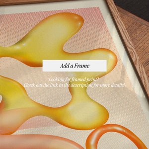 Puede incluir: Impresi&oacute;n art&iacute;stica abstracta enmarcada en un marco de madera. La obra presenta formas org&aacute;nicas en tonos amarillos y naranjas sobre un fondo texturizado. El texto en la impresi&oacute;n dice "Add a Frame".