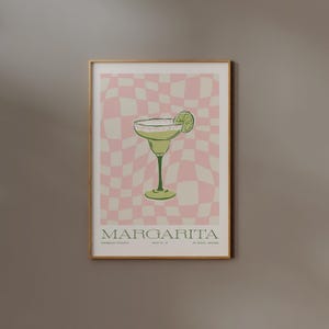 Wydruk koktajlowy, plakat do wydrukowania Margarita, pobieranie cyfrowe, jasnoróżowy, sztuka ścienna w kratkę, sztuka na wózek barowy, modny wystrój kuchni, retro