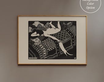 Vintage Women and Cat Wall art | FRAME option | La Paresse, Laziness, Horizontal Print, Black Beige, Felix Vallotton Poster, French Artist