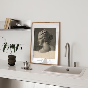 May include: A framed black and white print of a woman's bust in profile. The print is hanging on a white wall above a white countertop with a stainless steel sink and faucet.