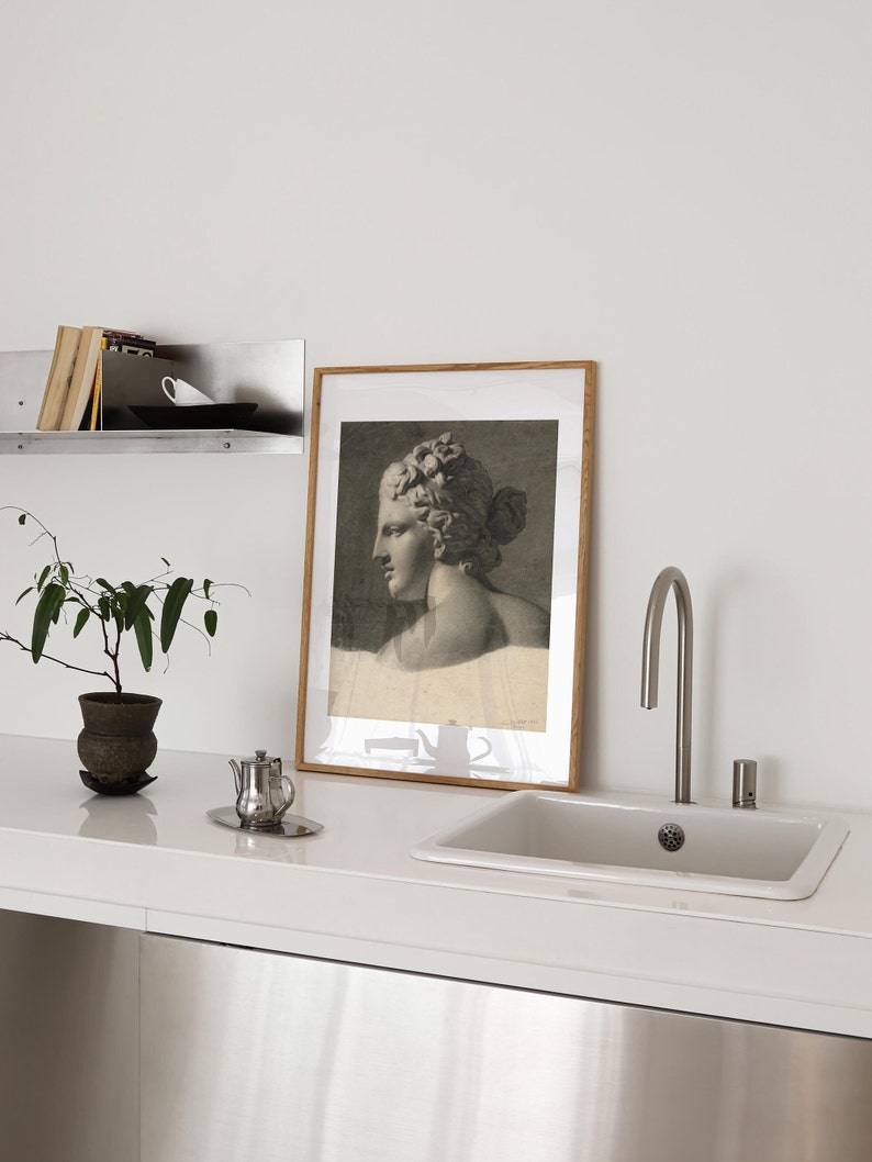 May include: A framed black and white print of a woman's bust in profile. The print is hanging on a white wall above a white countertop with a stainless steel sink and faucet.