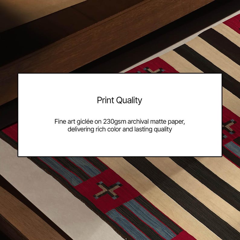 May include: A close-up of a colorful rug with a geometric pattern. The rug features red, black, and beige stripes and a central design. The image also includes a white rectangle with the text "Print Quality".