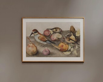 Birds with Fruits Print, Vintage Watercolor Poster, Neutral Tone, Cottagecore Wall art, Horizontal Farmhouse Decor, Antique Kitchen Affiche