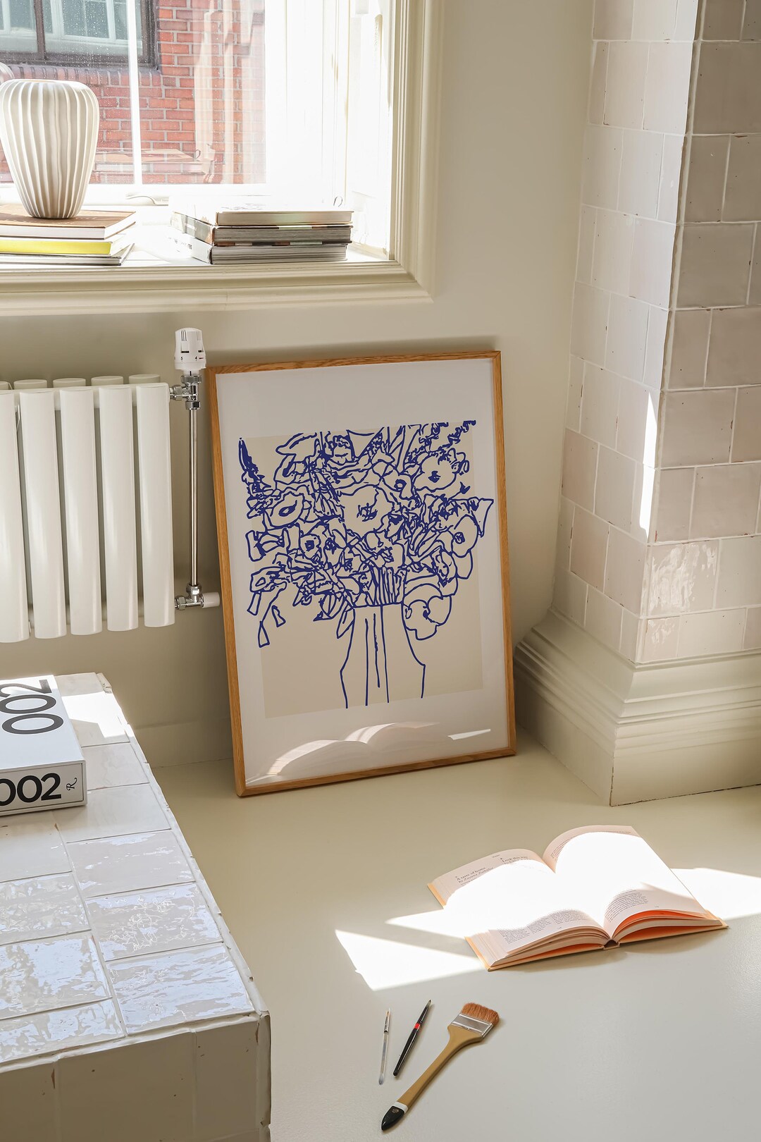 Flower Vase Poster Abstract Floral Line Drawing Print Modern Blue Wall