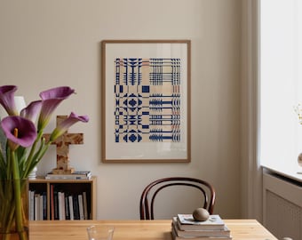 Blue Geometric Wall Art, Textile Pattern Drawing Print for Modern Decor