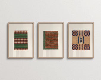 Vintage Textile Wall Art, Japandi Triptych Set of 3, Organic Modern Style, Earth Tone, Masculine Interior