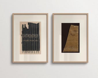 Neutral Wall Art Set of 2, Black Beige Textile Prints, Wabi Sabi Japandi Decor