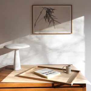 Puede incluir: Escena interior minimalista con una l&aacute;mpara de mesa blanca, una impresi&oacute;n bot&aacute;nica enmarcada y una bandeja de madera con un libro y una taza. La escena est&aacute; ambientada en una c&oacute;moda de madera con cajones, ba&ntilde;ada por la luz natural.