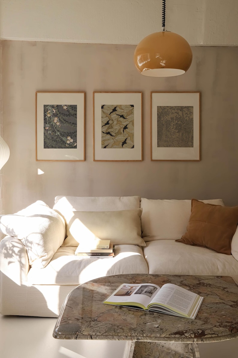 Cuadro de pared Japandi de 3 piezas / Opción de marco / Grabados florales japoneses en madera, póster con estampado de pájaros, dibujo de bosque, decoración neutra, Wabi Sabi imagen 10