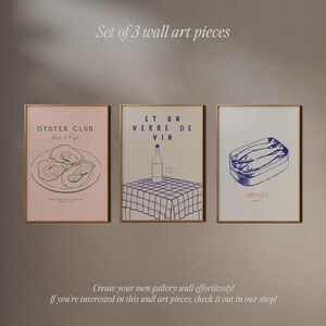 Set of 3 Kitchen Wall Art Prints | Oyster, Wine, Sardines | Food Illustration Posters | Bar Cart or Dining Room Decor | Frame Option, Bistro