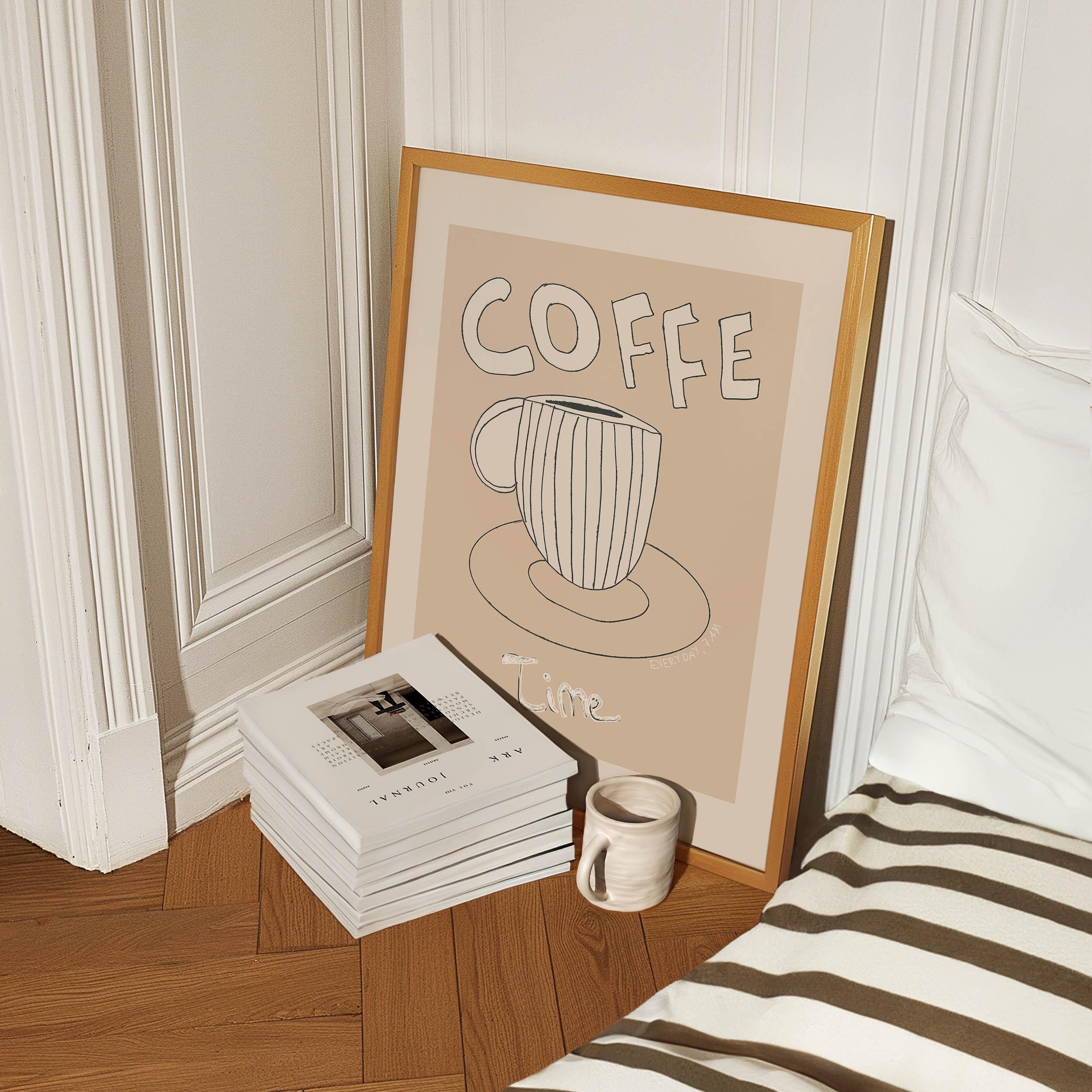 Simple Coffee Print | FRAME option | Coffee Sketch, Line Drawing Poster, Neutral Beige Wall art, Kitchen, Dining, Cafe Interior Decor, Gift