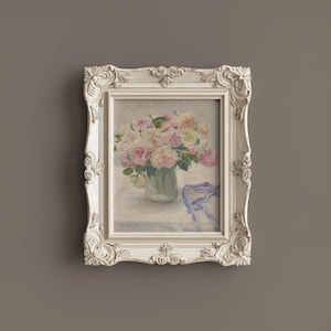 Flower Vase with Ribbon Print, Coquette Room Decor, Vintage Floral Painting, Rose Poster, Girly Wall art, Antique Botanical, Neutral Tone