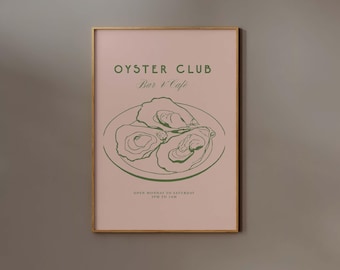 Oyster Print Boston Oyster Bar Poster Food illustration Line Drawing Kitchen Wall Decor Danish Pastel Pink Art Painting Coastal Seaside Room