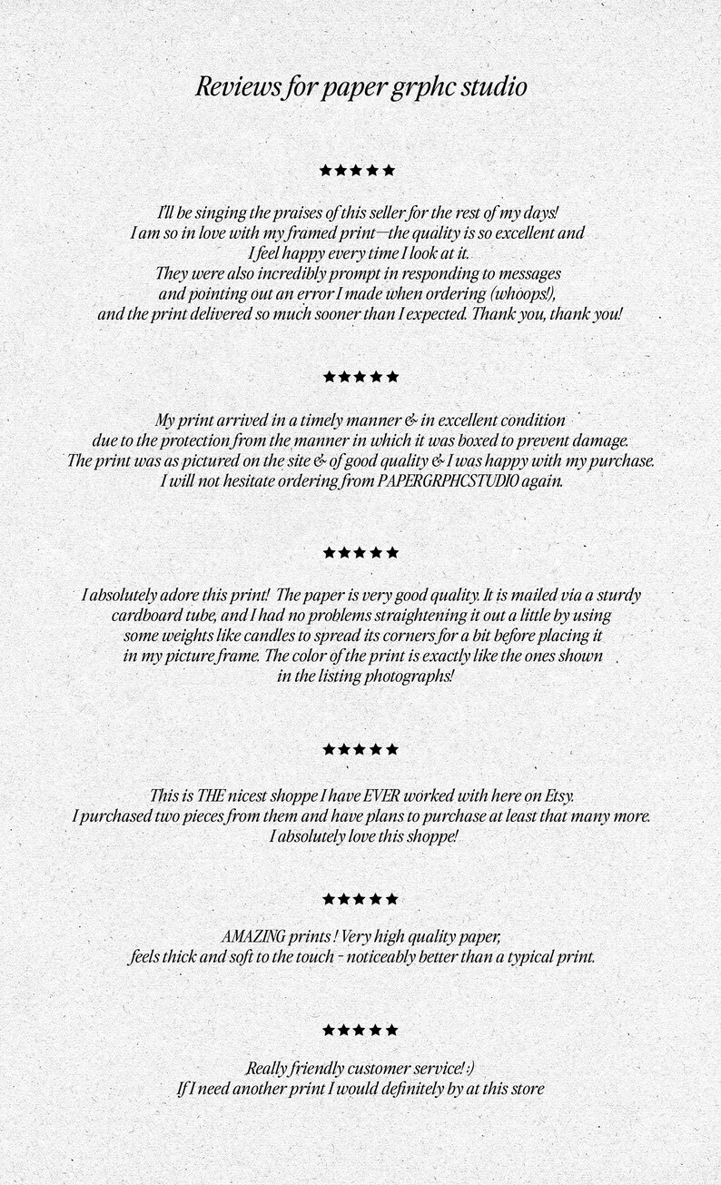 May include: Five customer reviews for a paper graphic studio. The reviews are all positive and highlight the quality of the prints, the promptness of the seller, and the ease of ordering. The reviews also mention the packaging and the high quality paper used for the prints.