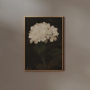 White Hydrangea Wall art | Giclee Print | Framed option | Vintage Moody Flower Poster, Dark Floral Painting, Antique Botanical Decor